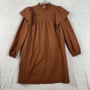 The Get Cotton Shift Dress Womens L Brown Long Sleeve Ruffle Prairie Cottagecore